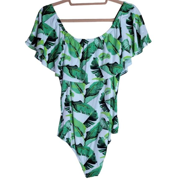 Orange Tree White Green Leaf Off the Shoulder Body Suit Women Size L - Picture 2 of 11